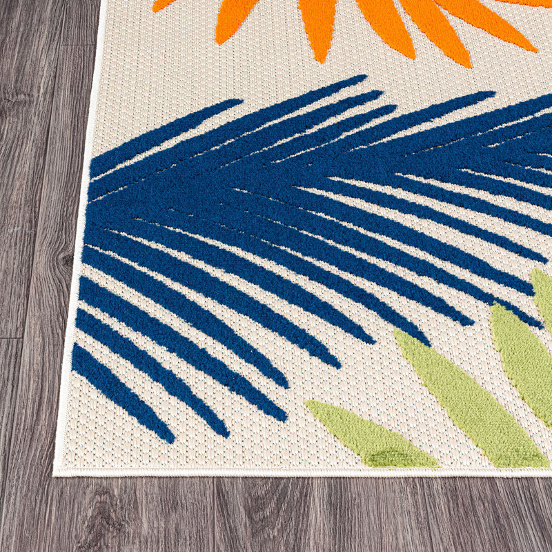 Beachcrest Home Parksley Palm Frond Indoor/Outdoor Area Rug Ivory/Orange/Navy & Reviews